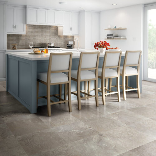 Abound Nimbus, gray ceramic stone-look tile, installed on a kitchen floor